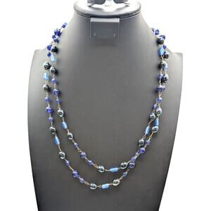 Vintage Blue Glass Rosary Style Beaded 52" Long Chain Necklace